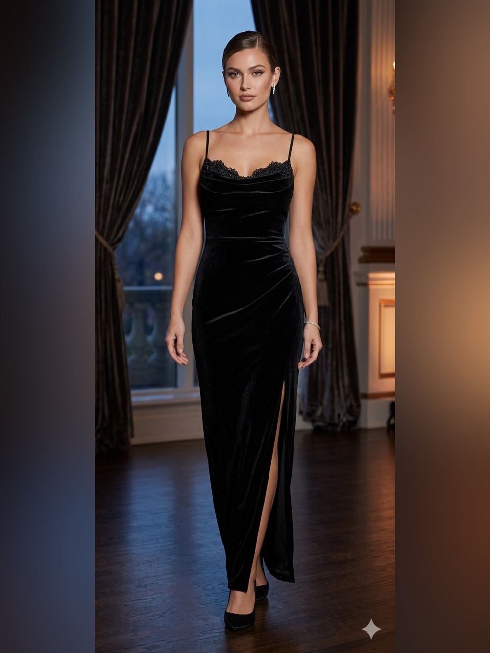 Windsor pretty Black Velvet Beaded Lace Maxi Dress Cowl Neck Formal Evening Gown